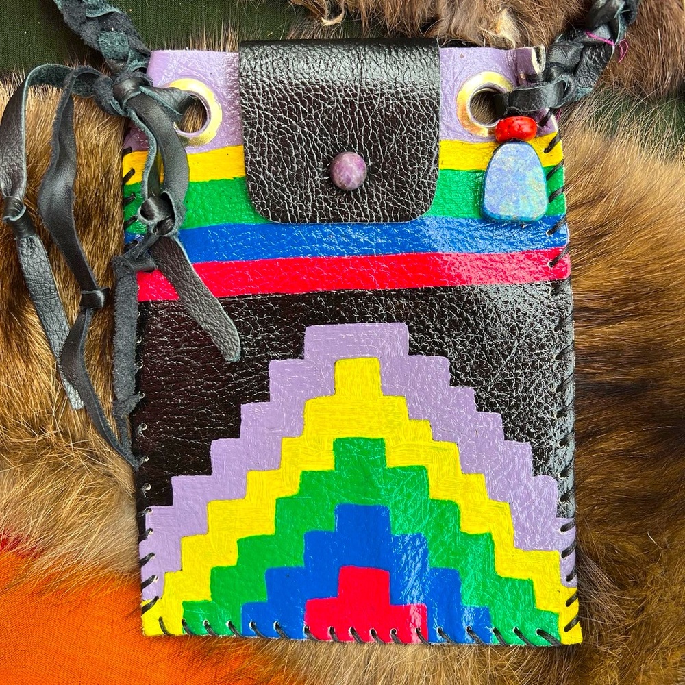 Hand Painted Aztec Leather Medicine Pouch w/ Lepidolite, Chrysocolla, Red Coral
